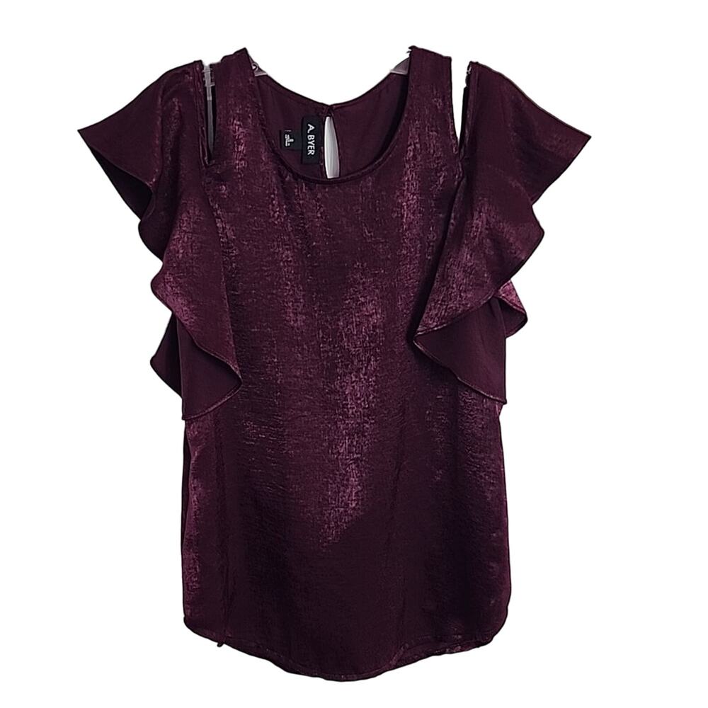 A. Byer Cold Shoulder Dark Purple Ruffle Blouse, Small